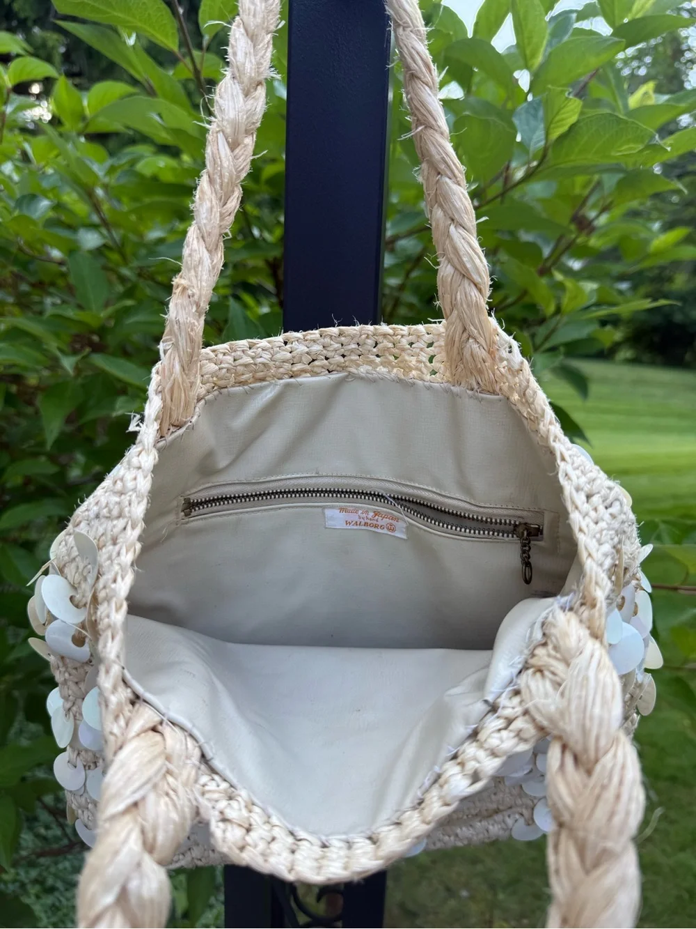 Hand made in Japan vintage walborg  Beige Sequin Straw Tote Bag - Lightweight